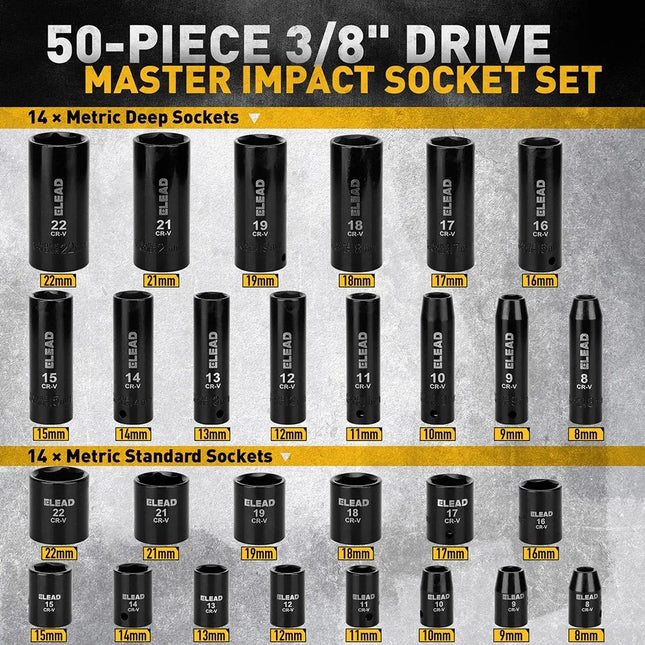 ELEAD 50Pcs 3/8'' Drive Impact Socket Set Deep Socket Metric Ratchet Adapter