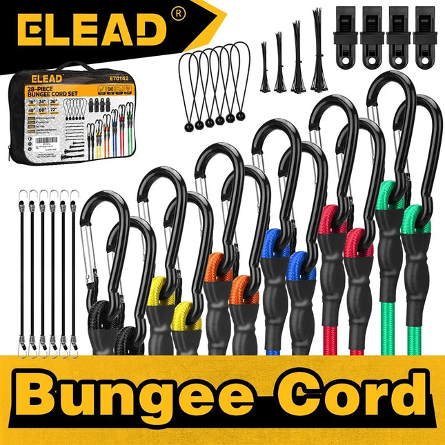 ELEAD 28PCS Bungee Cord Set Carabiner Hooks Assorted Sizes Heavy Duty Tie Down