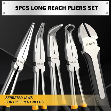 ELEAD 5Pcs 11" Long Reach Needle Nose Pliers Set w/ Magnetic Racks&Roll-Up Pouch
