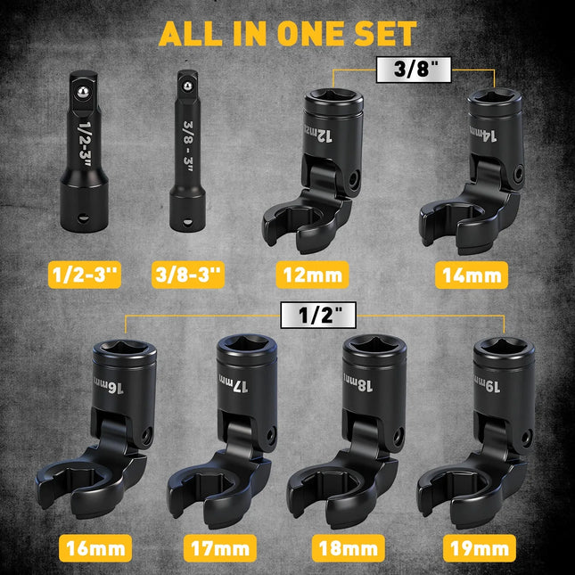 ELEAD 8PCS Flex Head Crowfoot Line Wrench Set Metric Flare Nut Wrench Set CR-V