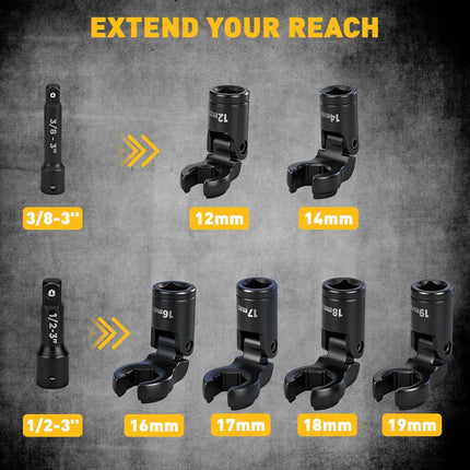 ELEAD 8PCS Flex Head Crowfoot Line Wrench Set Metric Flare Nut Wrench Set CR-V