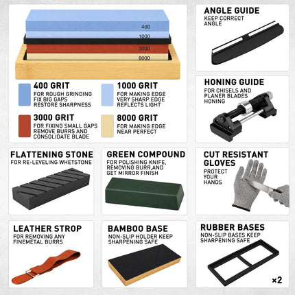 ELEAD 12pcs Knife Sharpening Kit 400/1000 3000/8000 Grit Whetstone Bamboo Base