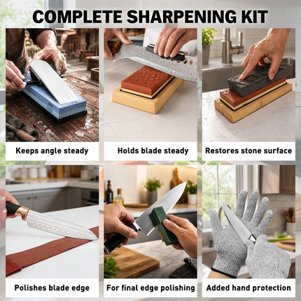 ELEAD 12pcs Knife Sharpening Kit 400/1000 3000/8000 Grit Whetstone Bamboo Base