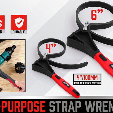 2x Rubber Strap Wrench Adjustable DIY Plumber Jars Hose Pipe Oil Filter Opener
