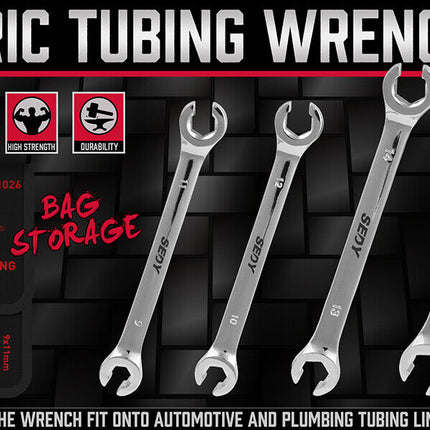 SEDY 4Pc Flare Nut Wrench Set Offset End Spanner Metric CR-V Steel Storage Pouch