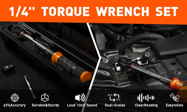 3Pc 1/4" Drive Click Torque Wrench Ratchet Socket Adaptor Extension WorkShop