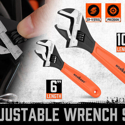 2x Adjustable Wrench Set 6" 10" Wide Jaw Spanner Cr-V Steel Workshop Metric SAE
