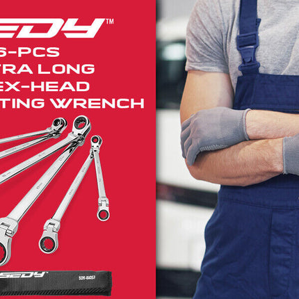 SEDY 6Pcs Extra Long Flex-Head Ratchet Spanner Set Double Box End Spanner 8-19mm