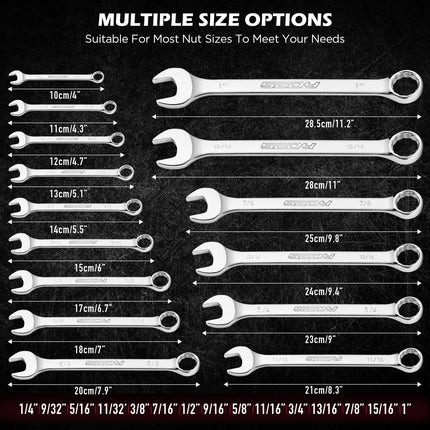 SEDY 15pc Combination Spanner Wrench Set SAE 1/4"-1" CR-V with Storage Rack