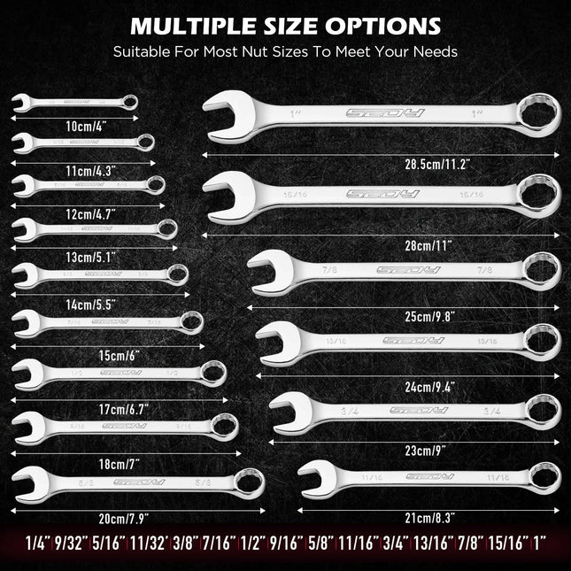SEDY 15pc Combination Spanner Wrench Set SAE 1/4"-1" CR-V with Storage Rack