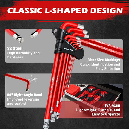 SEDY 30Pc Allen Key Set Long Arm Hex & Torx Keys with Grip Handle SAE Metric
