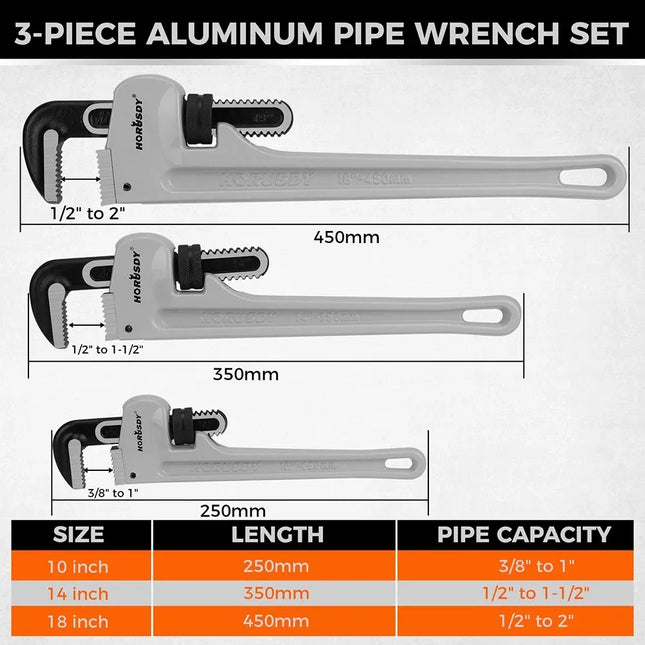 HORUSDY 3PCS Aluminum Straight Pipe Wrench Set 10" 14" 18" with Alloy Steel Jaws