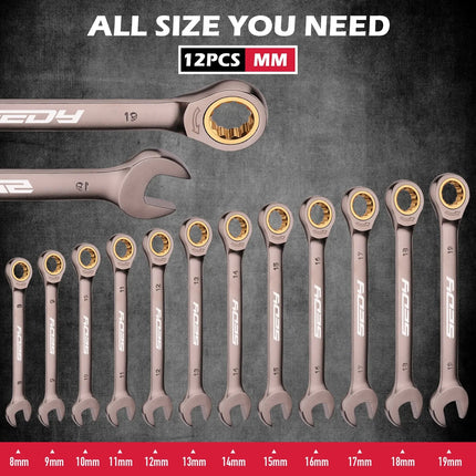 SEDY 12Pcs Ratcheting Wrench Set 8-19mm Metric CR-V Steel 72T Spanner Tool Kit