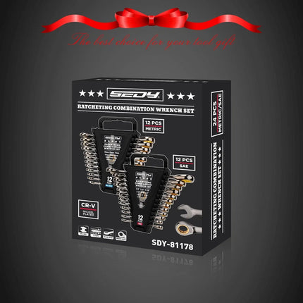 SEDY 24PCS Ratcheting Wrench Set Metric SAE CR-V Steel 72T With Magnetic Holder