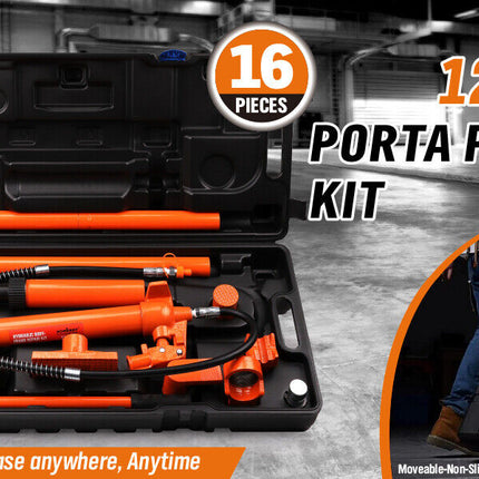 12T Porta Power Kit Hydraulic Ram Pump Oil Hose Automotive Body Repair Tool