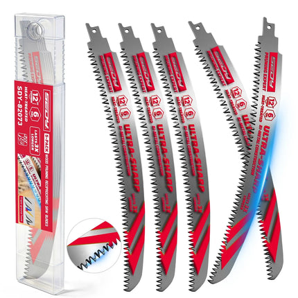 5-Piece 12" Reciprocating Saw Blades 6TPI Wood Pruning Curved Edge CR-V Steel