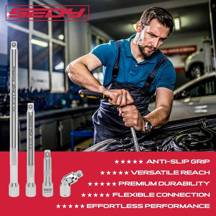 SEDY 4Pcs 3/8" Drive Socket Extension Bar Kit w/ Swivel Joint CR-V Ratchet Auto