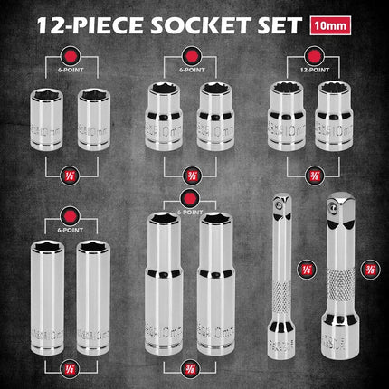 SEDY 12Pc 10mm Socket Set 1/4" 3/8" Drive Magnetic Organizer Tool Extension Bar