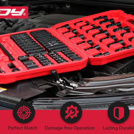 71-Pieces 3/8" Drive Master Impact Socket Set SAE Metric Universal Joint Adapter