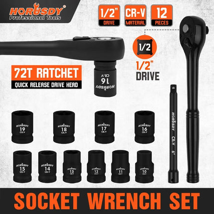 SEDY 12Pcs 1/2" Drive Socket Wrench Set CR-V 72T Ratchet Metric 10-19mm Holder