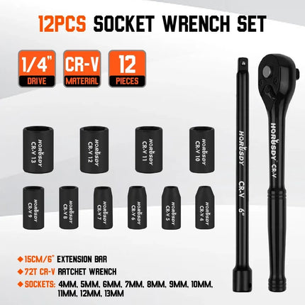 SEDY 12Pcs 1/4" Drive Socket Set 72T Quick Release Ratchet Metric 4-13mm Holder