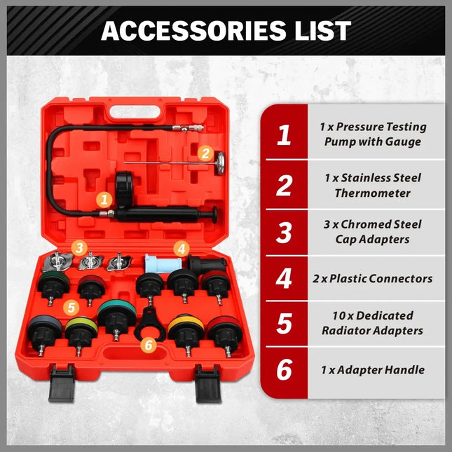 18PCS Radiator Pressure Tester Coolant Purge Refill Vacuum Cooling System Kit