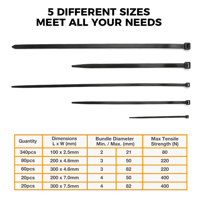 520Pcs Cable Ties Zip Ties Nylon UV Stabilised Bulk Black Cable Tie Black Au