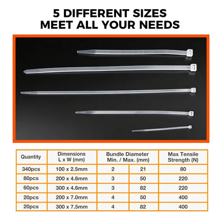 520-Pieces Cable Ties Zip Ties Nylon UV Stabilised Bulk Black Cable Tie White