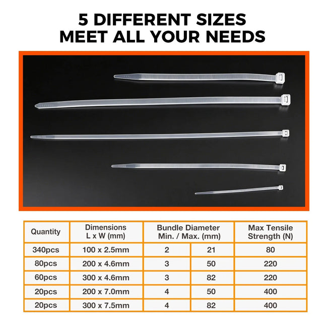 520-Pieces Cable Ties Zip Ties Nylon UV Stabilised Bulk Black Cable Tie White