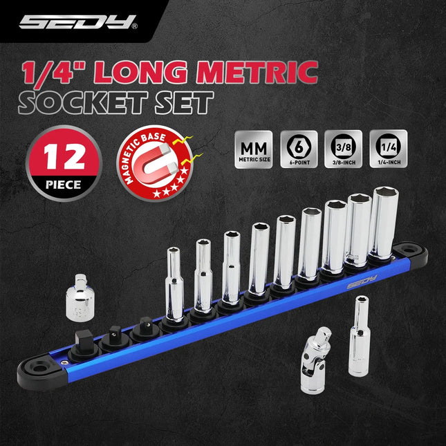 SEDY 1/4" Deep Socket Set Metric 4-13mm Long Sockets w/ Magnetic Rail Organizer