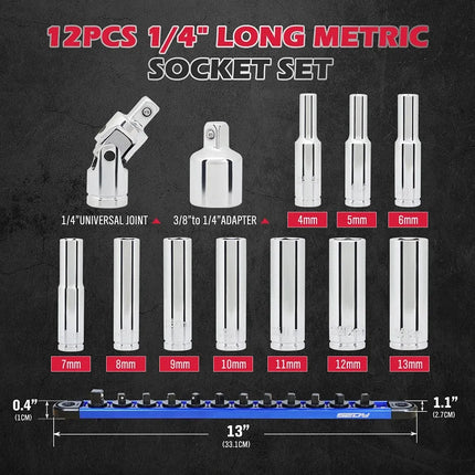 SEDY 1/4" Deep Socket Set Metric 4-13mm Long Sockets w/ Magnetic Rail Organizer