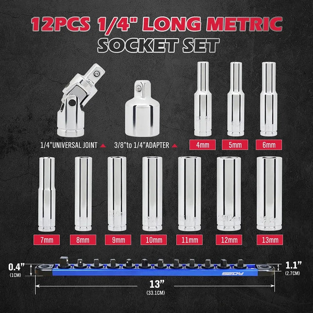SEDY 1/4" Deep Socket Set Metric 4-13mm Long Sockets w/ Magnetic Rail Organizer