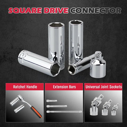 SEDY 1/4" Deep Socket Set Metric 4-13mm Long Sockets w/ Magnetic Rail Organizer