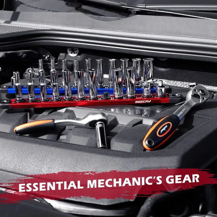 SEDY 1/4" Deep Socket Set Metric 4-13mm Long Sockets w/ Magnetic Rail Organizer