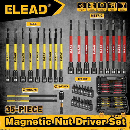 ELEAD 35Pcs Magnetic Nut Driver Bit Set Metric SAE 1/4" Hex Drill CR-V Steel