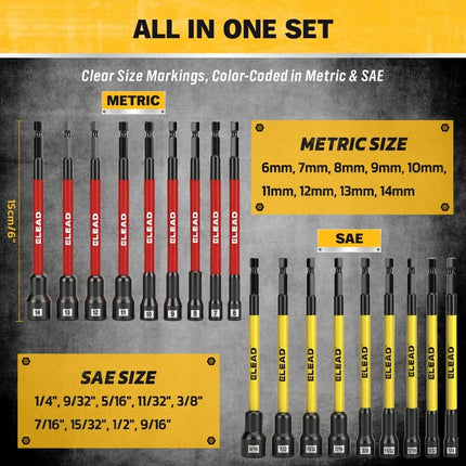 ELEAD 35Pcs Magnetic Nut Driver Bit Set Metric SAE 1/4" Hex Drill CR-V Steel