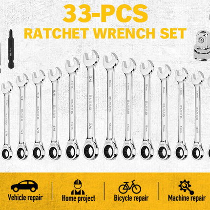 ELEAD 33Pcs Ratchet Wrench Set SAE Metric Wrench Phillips Slotted Bits Adapter