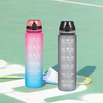 1L Water Bottle Motivational Drink Flask With Time Markings Bpa Free Sport Gym - Red+Blue