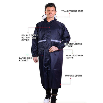 Unisex Waterproof Raincoat 2XL Size Lightweight Hooded Long Work Outdoor Overcoat - Navy