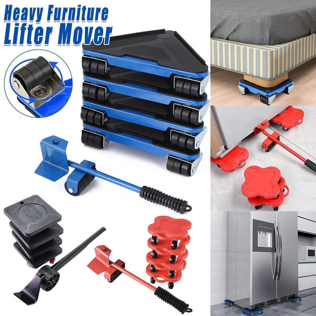 Heavy Duty Moving Tool Set Easy Move Five Piece Furniture Lifter Kit for Home - Black