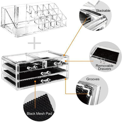 Holder Cosmetic Makeup Organiser 4 Drawer Storage Jewellery Box Clear Acrylic - With Black Mesh Pad