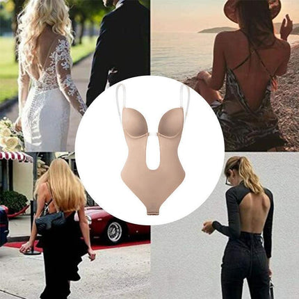 M Size Women Deep U Plunge Seamless Push Up Bra Thong Backless Bodysuit - Skin