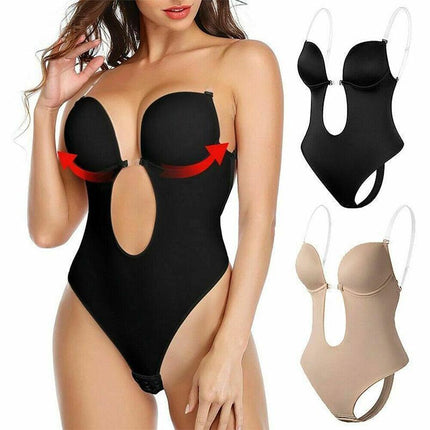 S Size Women Deep U Plunge Seamless Push Up Bra Thong Backless Bodysuit - Black