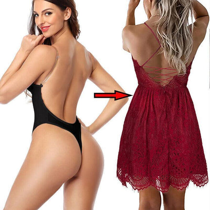 S Size Women Deep U Plunge Seamless Push Up Bra Thong Backless Bodysuit - Black