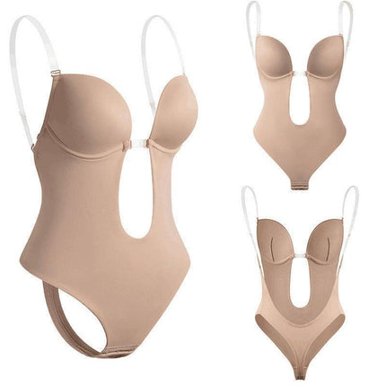S Size Women Deep U Plunge Seamless Push Up Bra Thong Backless Bodysuit - Black