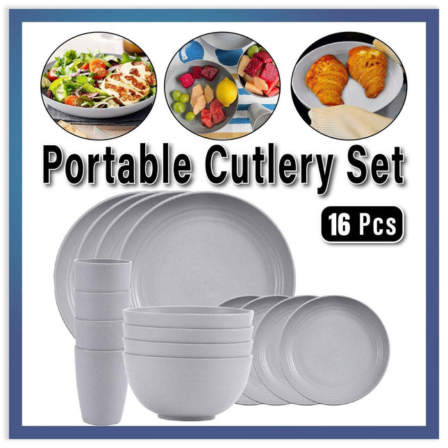 16pcs Wheat Straw Plates Bowls Cups Set Outdoor Tableware Set
