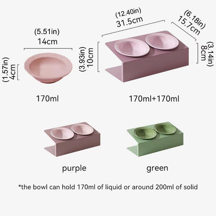 Ceramic Slanted Double Pet Bowl Cat Dog Food Water Bowl Non-Slip Feeding Dish - Green