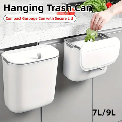 Wall Mounted Hanging Wastebasket with Sliding Lid for Kitchen and Bathroom Use - 7L