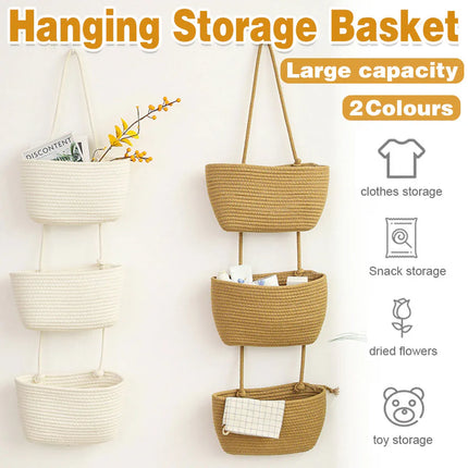 3 Layer Wall Mounted Storage Basket Hanging Organizer Rack for Household Items - Brown