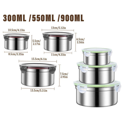 3PCS Stainless Steel Sealed Crisper Storage Box with Lid Round Food Lunch Box - Black